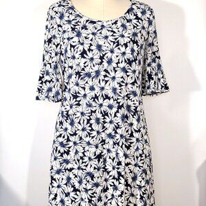 Ronni Nicole Navy White Daisy Floral Stretch Knit Bell Sleeve Dress Size M